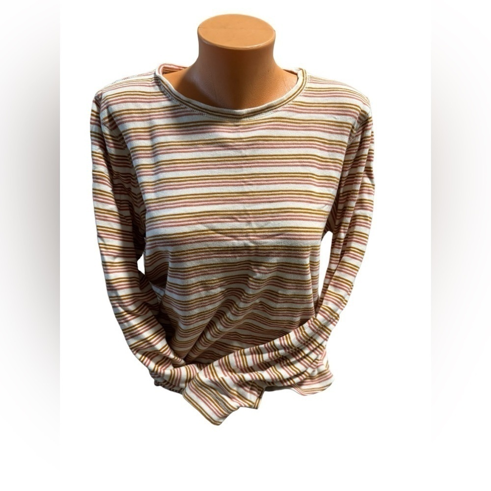 Madewell Shimmer Stripe  T-Shirt Sz XL Stretch Beige Sweater Blouse Long Sleeves